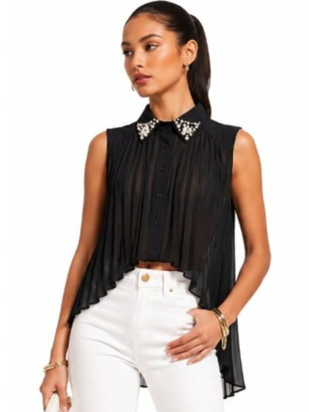 💥UBER GORGE!💥Black Chiffon Pleated Top With Embellished Collar
